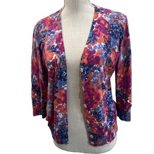 Talbots Womans Cardigan Size L Bloomcore Floral Button Up Lightweight Pink Blue